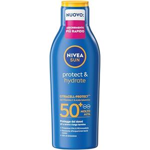 NIVEA SUN Protect & Hydrate SPF 50+ 200 ml, Crema solare 50+ idratante 48h ad assorbimento rapido, Protezione solare 50+ resistente all'acqua arricchita con Vitamina C e Acido Ialuronico