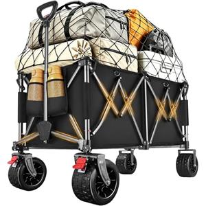 YEAUPE PRO Carrello Spiaggia Ruote Grandi - Doppi freni, doppia forcella rinforzata, manico regolabile, rete elastica inclusa, carrello con ruote portatutto - 250kg/260L, Nero