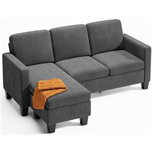 Xbro Divano angolare 3 posti a L con chaise longue fissa, imbottitura in spugna ad alta resilienza, tessuto in cotone e lino traspirante per soggiorno moderno, Grigio scuro