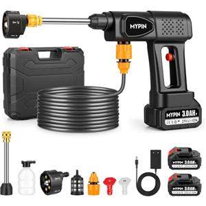 MYPIN Idropulitrice a Batteria, 600 PSI, 21V, 2 Batteries Ricaricabili, Ugello 6 in 1 con Getto Concentrato per Pulizia Auto, Pavimenti, Pareti, Recinzioni