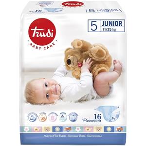Trudi Baby Care Pannolini Taglia 5 Junior 11/25 Kg - 16 Pannolini con Fasce Elastiche e Materassino Assorbente