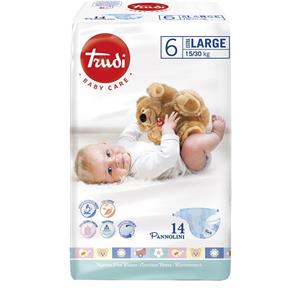 Trudi Baby Care Pannolini Extra Large 15-30 Kg - Confezione da 14 Pezzi con Fasce Elastiche e Materassino Super Assorbente