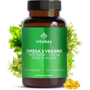 Vitabay Omega 3 Vegano 60 Capsule - 1100 mg olio di alghe con vitamina E - DHA 600 mg & EPA 300 mg - alta concentrazione - testato in laboratorio in Germania - senza additivi - qualità naturale