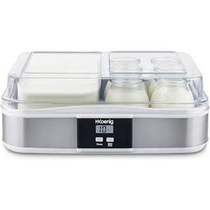 H.Koenig ELY120 Yogurtiera, 12 Vasetti in Vetro x200ml, Timer 15m, Schermo LED,21,5W, Acciaio inox, Spegnimento Automatico