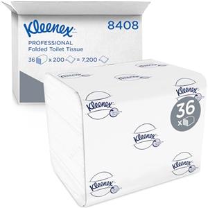 Kleenex Carta Igienica Interfogliata 8408, Morbida, Resistente ed Ecologica, 2 Veli, Bianco, 36 Confezioni x 200 Fogli, Totale 7.200