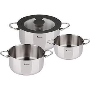MasterPRO Foodies - Batteria da cucina - Set da 4 a meno con padelle da 4, 20 e 24 cm e coperchio di vetro - prodotto in acciaio inossidabile - compatibile con tutti i tipi di cucine
