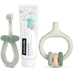 Suavinex, Set per iniziare l'Igiene Dentale, Include: Spazzolino da Denti per Neonati + Massaggiatore per Gengive + Dentifricio per Neonati, Manici Ergonomici, Uso Quotidiano, +0 Mesi, Verde