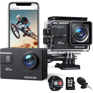 WOLFANG GA300 Action Cam 4K, Fotocamera Subacquea 40m Impermeabile con Scheda 32GB, WiFi 60FPS 24MP, 8x Zoom Grandangolo 170° EIS, Touchscreen, 2 Batterie 1350mAh, Doppio Microfono