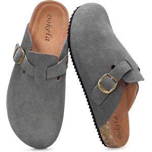 Dokela Zoccoli e Sabot Uomo Donna Ciabatte con Fibbia Regolabile al Piede Comodo Pantofole in Pelle, Grigio, 45 EU