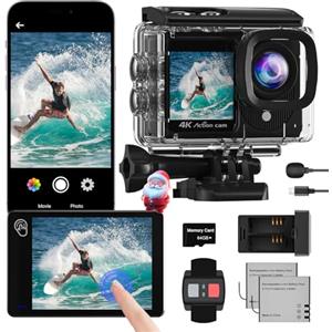 Camlance Action Cam 4K a Doppio Schermo, 48MP WIFI Videocmera con Scheda SD da 64GB,131ft Fotocamera Subacquea, 170° Telecamera Moto con Telecomando, Microfono, 2 Batterie,Accessori Multifunzione.