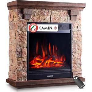 KAMINIO Camino elettrico Juan - Caminetto elettrico a pavimento in effetto pietra con riscaldamento, effetto fiamma 3D, telecomando (Beige)