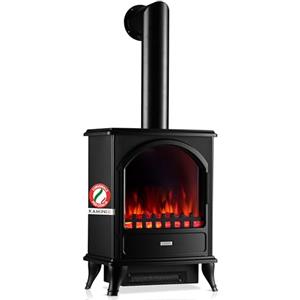 KAMINIO Camino elettrico Leni - Stufa elettrica con riscaldamento, effetto fiamma 3D (Nero con tubo)