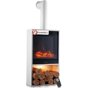 KAMINIO Camino elettrico Hugo - Stufa elettrica con riscaldamento, effetto fiamma 3D, luce ambiente a LED, scomparto de legno, telecomando (Bianco con tubo)