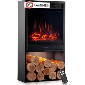 KAMINIO Camino elettrico Hugo - Stufa elettrica con riscaldamento, effetto fiamma 3D, luce ambiente a LED, scomparto de legno, telecomando (Nero)