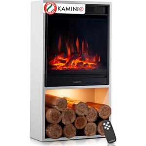 KAMINIO Camino elettrico Hugo - Stufa elettrica con riscaldamento, effetto fiamma 3D, luce ambiente a LED, scomparto de legno, telecomando (Bianco)