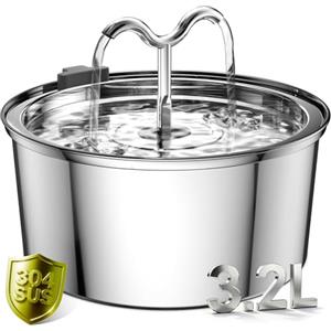 DOOOB Fontanella per Gatti, 3.2L Fontana per Gatti, Automatico Fontanella Gatto Acciaio con Pompa Ultra Silenziosa, Fontana per gatti acciaio inox con 1 Filtro e 1 Spugna