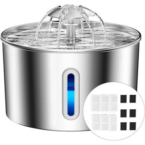 BalimoPet Fontanella per Gatti Acciaio, 2,2L Fontana per Gatti Super Silenzioso, Sistema di Filtraggio Quadruplo, Facile da Pulire, Fontanella Gatto con cavo, 6 Filtri con LED Distributore Acqua Gatto