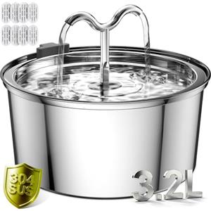 DOOOB Fontanella per Gatti, 3.2L Fontana per Gatti, Automatico Fontanella Gatto Acciaio con Pompa Ultra Silenziosa, Fontana per gatti acciaio inox con 8 Filtris e 8 Spugnes