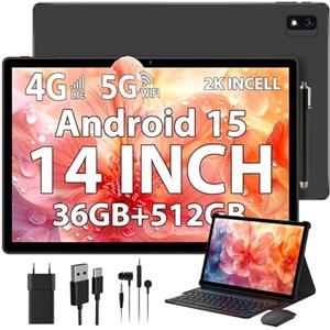 PIXGOOD 2K Android 15 Tablet 14 Pollici, 36GB RAM, 512GB ROM (2TB Espandibile), 4G SIM Lte & 5G WiFi, 2000 * 1200FHD, 11580mAh, Octa-Core, 13MP+8MP, Tablet in offerta con tastiera|Custodia (Nero)