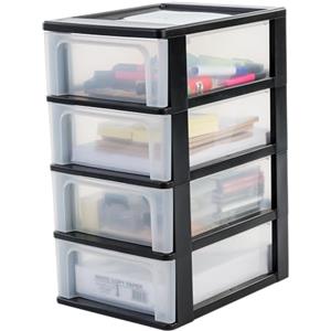 Iris Ohyama Cassettiera in Plastica, Portaoggetti, 4 Cassetti Medi, Nero, Apertura Facile, Formato A4, A5 e A6, Organizzatore, Per Ufficio, Scuola, Cartoleria, Senza BPA, Contenitore, OCH-2004