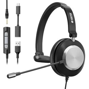 Voistek USB Cuffie con Microfono per PC, 3-in-1 Tipo C USB 3,5 mm Jack, Headset Mono con Filo, Microfono con Cancellazione del Rumore per Ufficio, Call Center, Lavoro, Chat Online, Videoconferenze