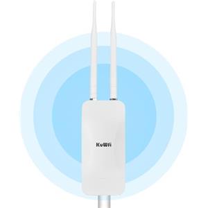 KuWFi Ripetitore WiFi Esterno, Access Point 1200Mbps Dual Band (2.4/5.8GHz), 2 Antenne 5dBi, IP65 Impermeabile e Alimentazione POE/DC, Ideale per Giardino e Aree Esterne