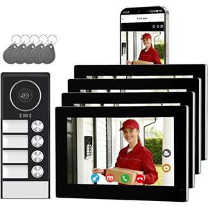 Honmidatek Citofono Bifamiliare, video Citofoni Wi-Fi con monitor Schermi da 7", Campanello con Telecamera per Visione Notturna, Rilevamento Persone, Sblocco Tramite App/RFID badge, Per 4 Famiglie