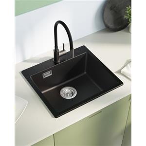 Sofetiy Lavello da cucina in granito nero, 50 x 45 cm, lavello da cucina, lavello da cucina, rettangolare, lavello in granito, moderno set di lavello da incasso, lavello con 2 fori per rubinetto, 1