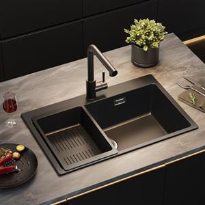 Sofetiy Lavello da Cucina in Granito Nero 70x45cm, Lavello Cucina Moderno Rettangolare, Set da Incasso con 2 Fori per Rubinetto, Lavabo da Cucina Nero, Lavello in Granito per Cucina