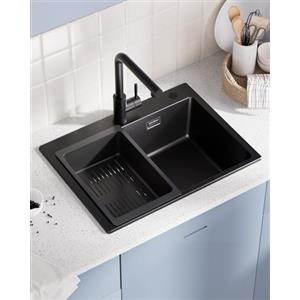 Sofetiy Lavello nero granito 60 x 45 cm, lavello nero, lavandino da cucina, grande lavello da cucina in granito, moderno lavello da incasso, rettangolare, singolo con 2 fori per rubinetto, 1 vasca