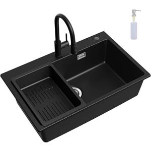 CECIPA Lavello Cucina Nero con Rubinetto a Doccetta Estraibile, 70 x 45 cm Lavandino Cucina 1 vasca in Granit con Dispenser Sapone e Cestello Scarico, Incasso al mobile 80cm, con Sifone
