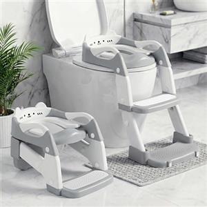 Orzbow Riduttore Wc Bambini con Scaletta, 2 in 1 Scaletta Wc Per Bambini, Vasino Per Bambini Wc, Altezza Regolabile, Pedale Allungato e Cuscino in PVC, Antiscivolo e Leggero, Grigio