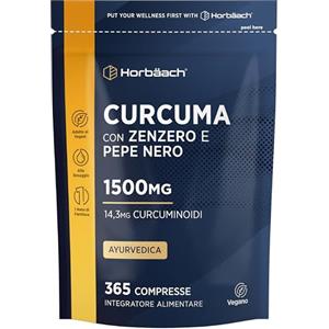 Horbäach Curcuma Piperina Zenzero 1500 mg | 365 Compresse Vegane | Complesso di Curcuma con Piperina | Horbaach