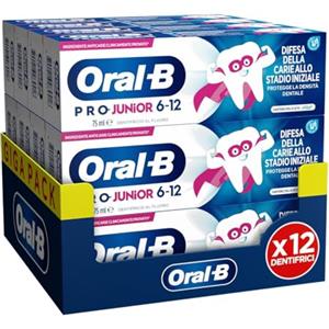 Oral-B Dentifricio Pro Junior 12x75ml, Dentifricio per Bambini dai 6 anni in su, Formato Convenienza Denti Forti, Prevenzione Carie, Sapore Delicato, Pulizia Denti Efficace