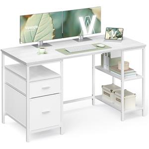 VASAGLE Scrivania per Computer, Tavolo da Ufficio, Scrivania con 3 Ripiani, 2 Cassetti, 140 x 60 x 76 cm, per Ufficio, Soggiorno, Stile Moderno, Bianco Acero e Bianco Nuvola LWD104WF01
