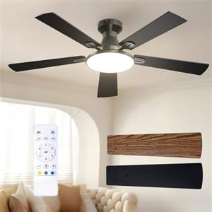 Passky Ventilatore da soffitto da 132 cm con illuminazione e telecomando, motore DC silenzioso, 5 pale, 6 velocità, 3 temperature di colore, timer, nero