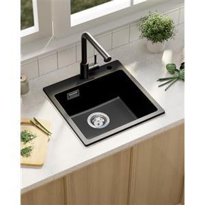 Sofetiy Softiy Lavandino Cucina Granito Nero, Lavello Cucina 1 Vasca 45x45cm, Lavabo Cucina con Sifone, Lavandino Cucina Rettangolare, Lavello da Incasso Con 2 Fori per Rubinetto, Facile da Pulire