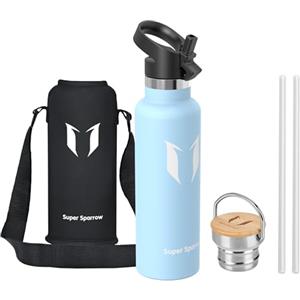 Super Sparrow Borraccia Termica 1L - Bottiglia Termica Senza Perdite - Senza BPA Borracce Bambini - Per Scuola, Sport, Campeggio, Palestra, Ciclismo - Con 2 Tappi