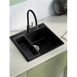 Sofetiy Lavello da Cucina in Granito Nero 50x45cm, Lavello Cucina Moderno Rettangolare, Set da Incasso con 2 Fori per Rubinetto, Lavabo da Cucina Nero, Lavello in Granito per Cucina