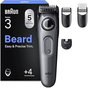 Braun Regolabarba Uomo Series 3, +4 Strumenti Di Styling, Lama Ultra Affilata, 50 Min Di Utilizzo, 40 Lunghezze, Rasoio Elettrico Barba, BT3525, Grigio