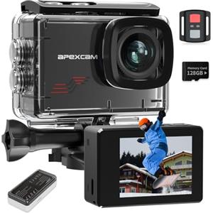 Apexcam M80 4K 60FPS 48MP Action Cam Con 128GB Scheda WIFI 40M Ultra HD Macchina Fotografica Subacquea Impermeabile Sport Camera 8X Zoom Pre-registrazione Wide Angle Con 2x1350 Batteria Kit Accessori