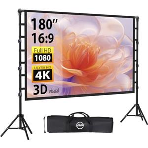 LEORFI Schermo per Proiettore 180" Pollici con Treppiedi, LEORFI Schermo di Proiezione Supporta 4K Full HD 16:9, Schermo Portatile Pieghevole, Altezza Regolabile, Campeggio All'aperto e Teatro Domestico