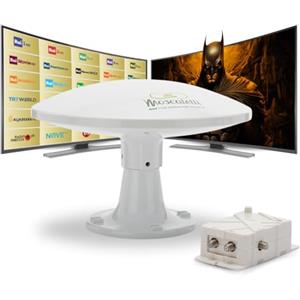 MOSCATELLI Antenna Tv Camper Omnidirezionale Terrestre DVB-T/T2 per Interno/Esterno - 12/24/220V - Filtro LTE 4G integrato - Kit Antenna Camper Completo di Cavi e Potente Amplificatore - Bianco