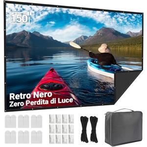 LEORFI Tela per proiettore da 150 pollici, per esterni, aggiornamento con sfondo nero e opaco, tela portatile per proiettori interni ed esterni, pieghevole 16:9, lavabile, antipiega, per home theater