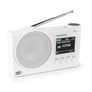 Thomson Radio DAB+, radio FM, 60 stazioni preimpostate possibili, ricaricabile o alimentata a corrente alternata, sveglia, altoparlante Bluetooth Thomson RT400DABBT, cavo di ricarica USB (Bianco)