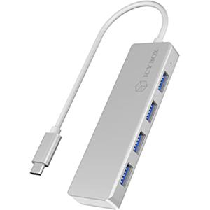 ICY BOX - Hub USB-C a 4 porte con 4 porte USB 3.0, connettore USB 3.0, in alluminio, cavo integrato, colore: Argento/Bianco