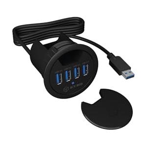 ICY BOX IB-Hub1403 - Hub USB da tavolo (60 mm), da incasso, 4 porte USB 3.0, passacavo, cavo di alimentazione 5 V incluso, colore: nero