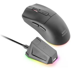 Mars Gaming MM‑T3, Mouse Wireless Ultralight, Bluetooth 5.0 + 2.4 GHz + Cavo, Sensore Ottico PIXART PAW3104PRO 14400 DPI, Base di Ricarica Magnetica RGB, Switch Huano, Software di Controllo, Nero