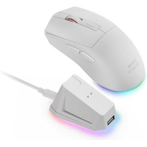 Mars Gaming MM‑T3, Mouse Wireless Ultralight, Bluetooth 5.0 + 2.4 GHz + Cavo, Sensore Ottico PIXART PAW3104PRO 14400 DPI, Base di Ricarica Magnetica RGB, Switch Huano, Software di Controllo, Bianco