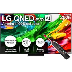 LG QNED evo AI QNED86 TV 65 pollici, Smart TV 4K, Processore α8 Gen2, Dimming Pro con MiniLED, webOS e telecomando puntatore con AI, Dolby Vision, Gaming con VRR e FreeSync 4K@144Hz, 65QNED86A6A 2025
